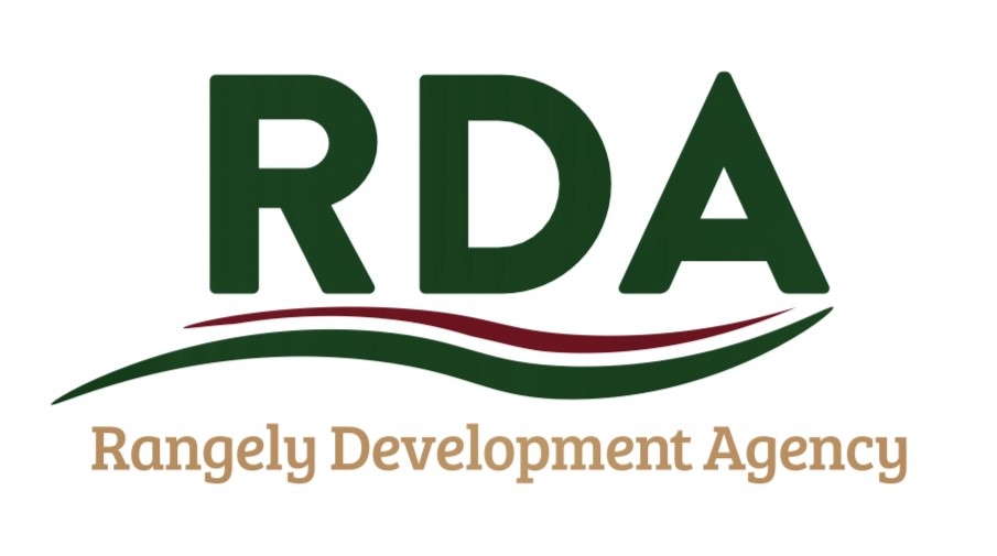 RDA Logo - RDA in dark green with burgundy and dark green swirls underneath.  Rangely Development Agency is written underneath in gold.