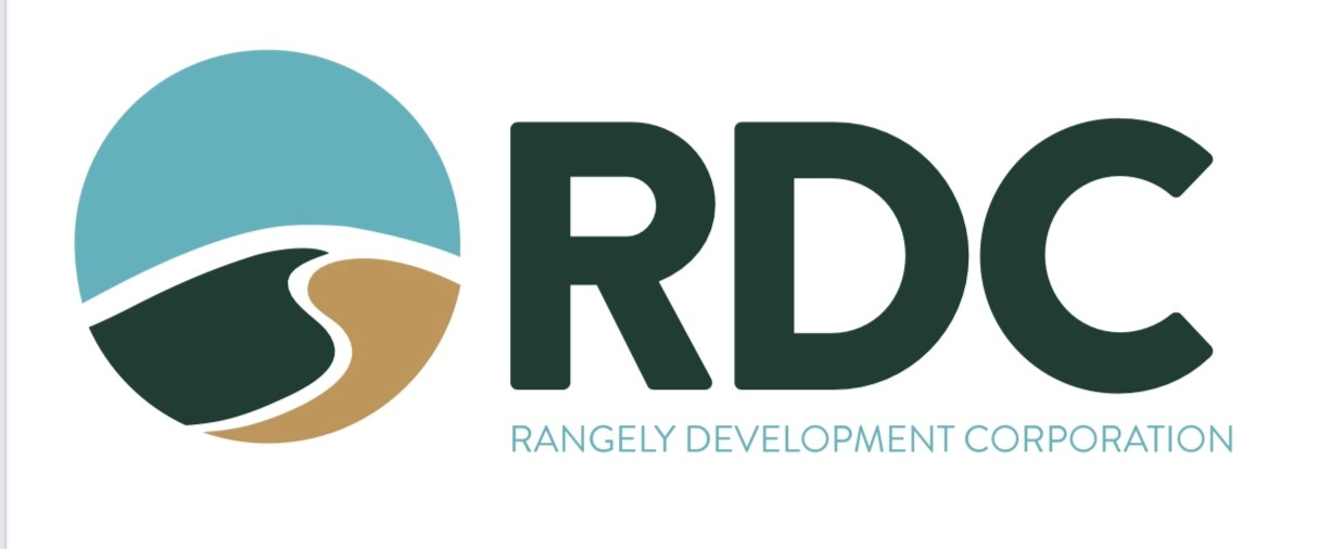 RDC Logo  RDC is in dark green with a Rangely Development Corporation underneath in light blue